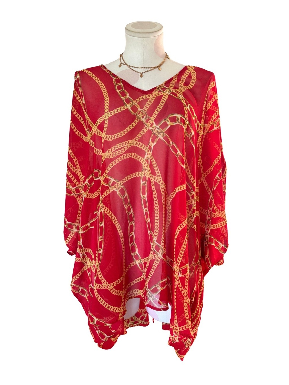 Chain Print Chiffon Kimono Cover Up Red Gold - show me your MUMU- One Size
